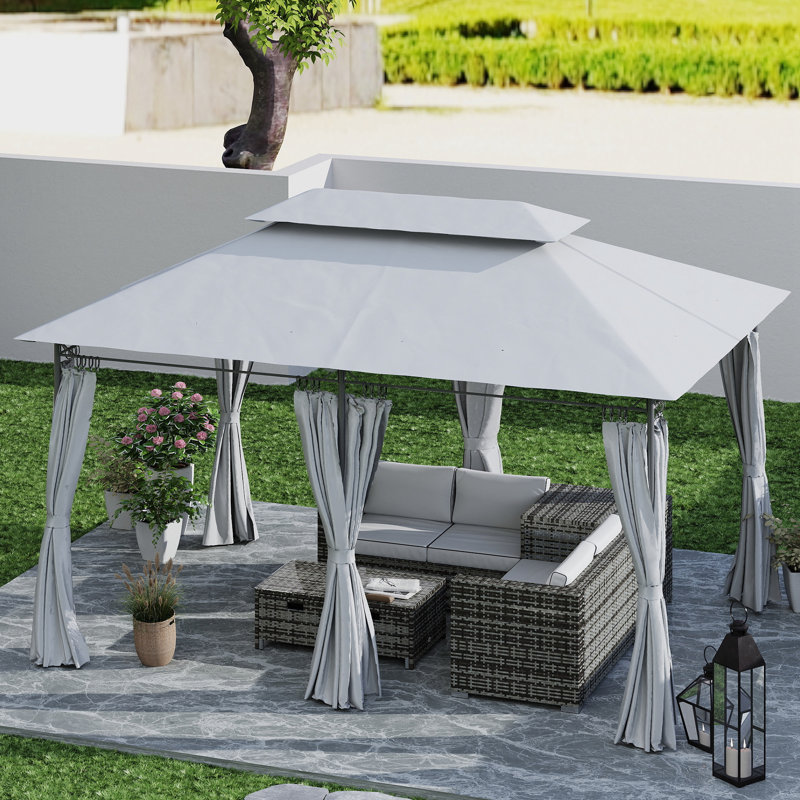 Outsunny 3 x 4m Garden Gazebo with Sides Double Roof, Grey