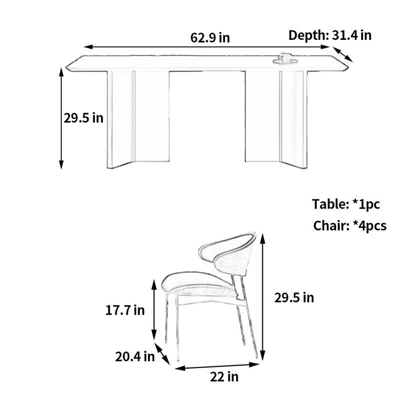 Table et chaises rectangulaires wabi-Sabi, H 29,5 po x L 62,9 po x l 31,4 po