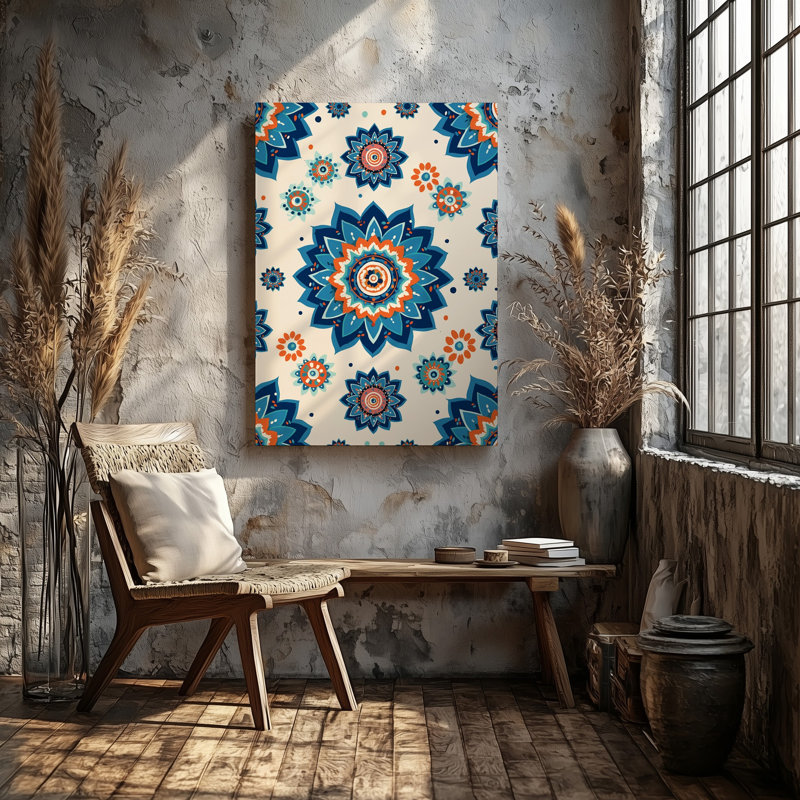 La toile crée un motif floral vibrant et complexe mettant en vedette de grands mandalas symétriques dans des tons de bleu profond, orange, art mural sur toile
