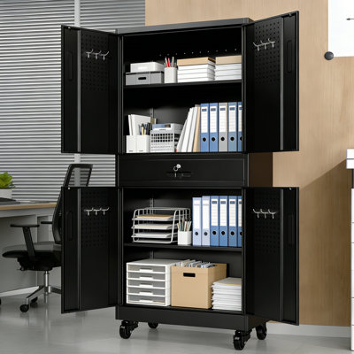 Armoire de rangement en métal avec tiroir, armoire de garage 71 po avec portes verrouillables et 2 tablettes réglables, armoire à outils robuste avec panneau perforé
