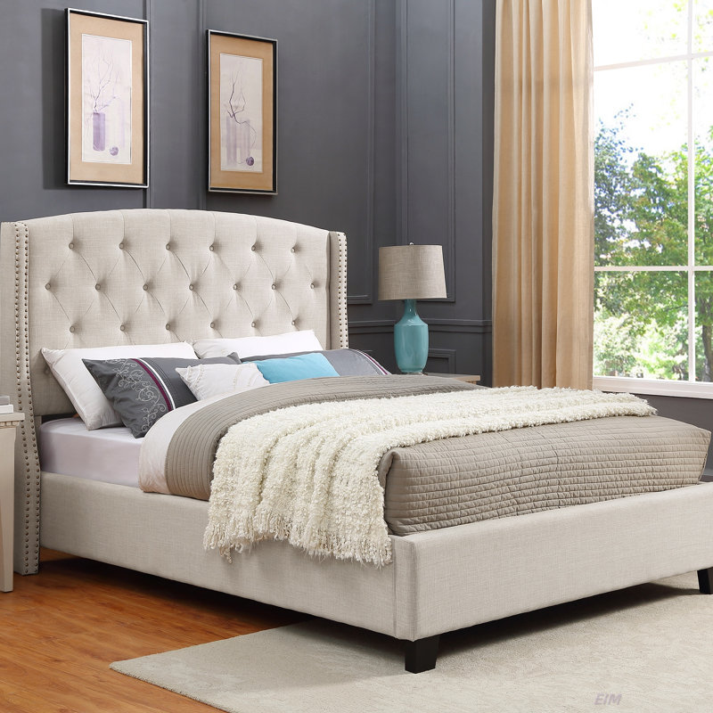 Nantarre Fabric Button Tufted Wingback Upholstered Queen Bed with Nail Head Trim,  Queen Size