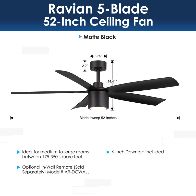 RAVIAN 5-Blade Ceiling Fan With Remote and Dimmable Light, 52", Matte Black