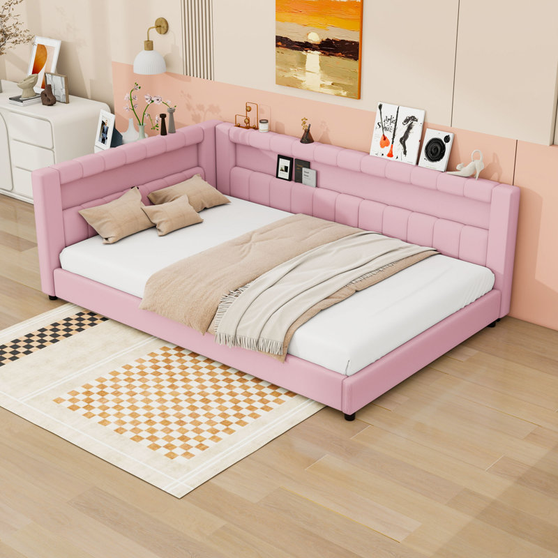 Lit de jour rembourré avec ceinture DEL et ports USB, Double XL, Rose