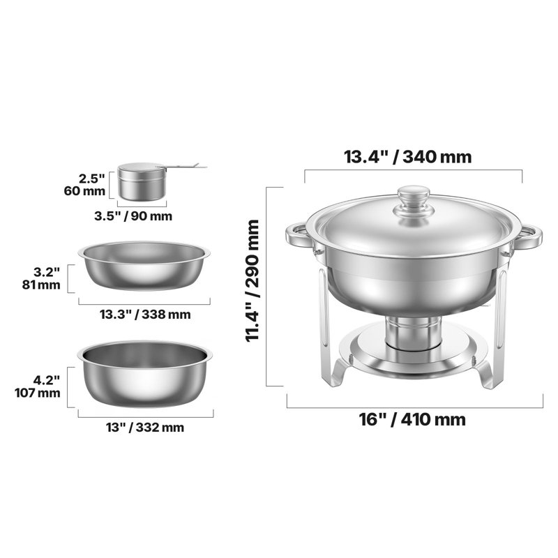 Chafing Dish Buffet Set, 5 Qt, 2 Pack, Stainless Steel, Round Catering Warmer Server with Full Size Pans, Lid, Water Pan, Folding Stand and Clip, Silver