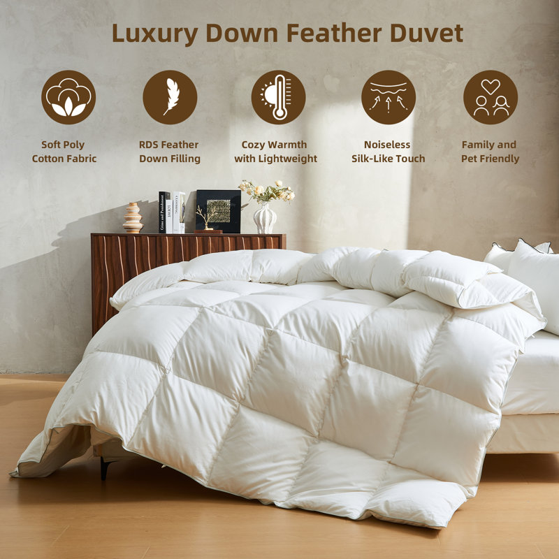 Premium Queen Size Down and Feather Blend Comforter Soft Cotton Blend Medium Weight for All Season Fluffy Duvet Insert with Ties