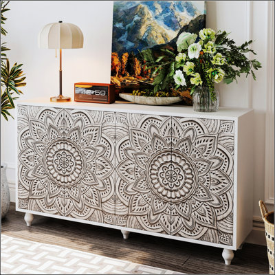 Buffet Boho Mandala 3D embossé avec 4 portes à pousser, rangement réglable pour un décor moderne et campagnard
