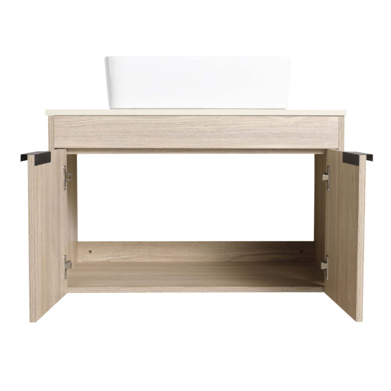 Meuble-lavabo mural en chêne de conception moderne avec lavabo en céramique, porte à fermeture en douceur et rangement KD compact