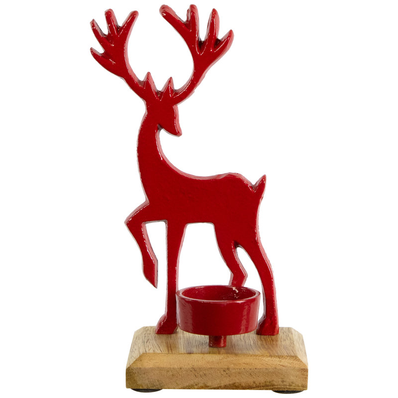 Reindeer And Tree Metal Christmas Tealight Holder, Red, 8" H x 5.5" W x 3" D