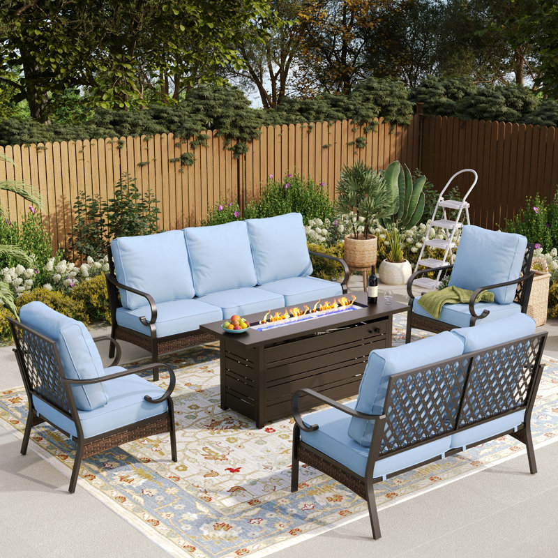 Ensemble de meubles d'extérieur pour 7 personnes avec table foyer, Noir / bleu / noir