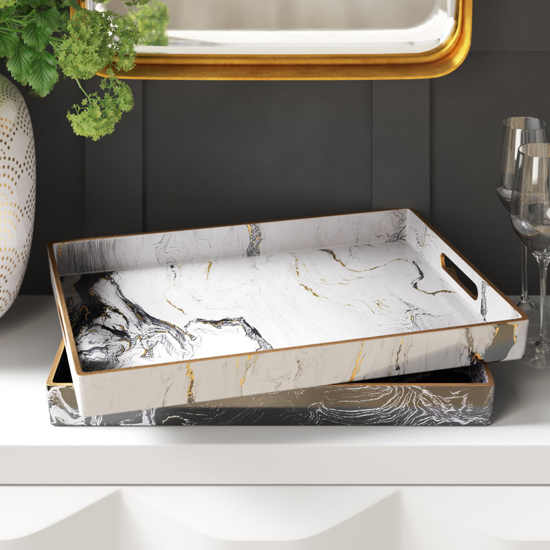 Set of 2 Plastic Trays with Black and White Marble Patterns, Decorative Modern Trays for Serving, Organization, or Centerpiece Display, 19” x 13” and 18” x 12”