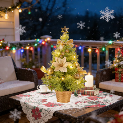 Petit arbre de Noël de 45 cm avec lumières, mini arbre de décoration de bureau avec sommet en forme d'étoile, boules, arcs, pommes de pin pour les achats à domicile, bar, décorations de Noël