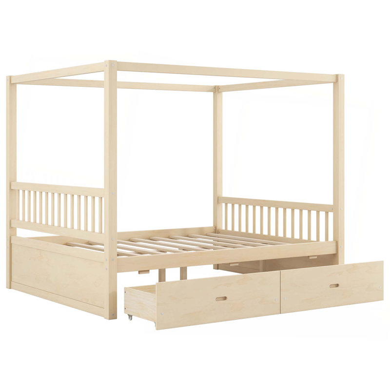 Wooden Canopy Bed with Storage Drawers, Natural, Queen