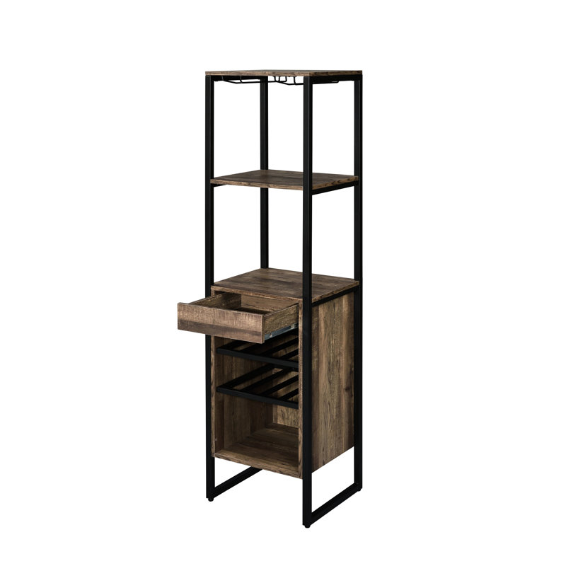 Porte-bouteilles carrées en chêne vieilli avec 1 tiroir et 3 compartiments ouverts, structure métallique, pieds réglables de 5 mm, capacité de charge de 45 kg, hauteur 175 cm, largeur 43 cm, profondeur 41 cm.