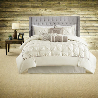 Elegant 7-piece Queen Bedding Set, Ivory Polyester With Tufted Design For Modern Bedrooms