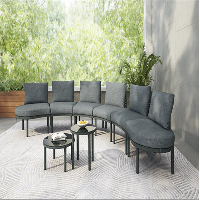 8-Piece Patio Sofa Furniture Set, Half Moon Outdoor Sectional Sofa With 2 High-Low Coffee Tables, PE Wicker Rattan, Tempered Glass, 6 Pillows & Cushions, For Backyard, Garden, Poolside
