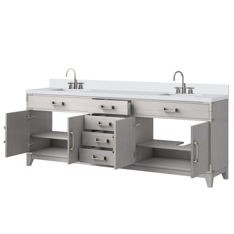 Meuble-lavabo double en chêne blanc 84 po X P 22 po D, dessus en quartz blanc et ensemble de robinet
