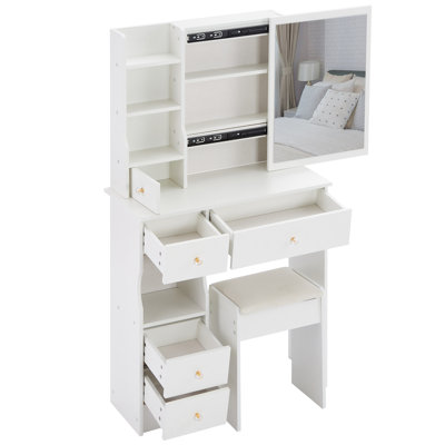 Petit bureau de meuble-lavabo 29,2 po avec tiroir gauche et tabouret rembourré, très grand miroir coulissant, commode de rangement multicouche à grande capacité pour les petits espaces | Idée cadeau