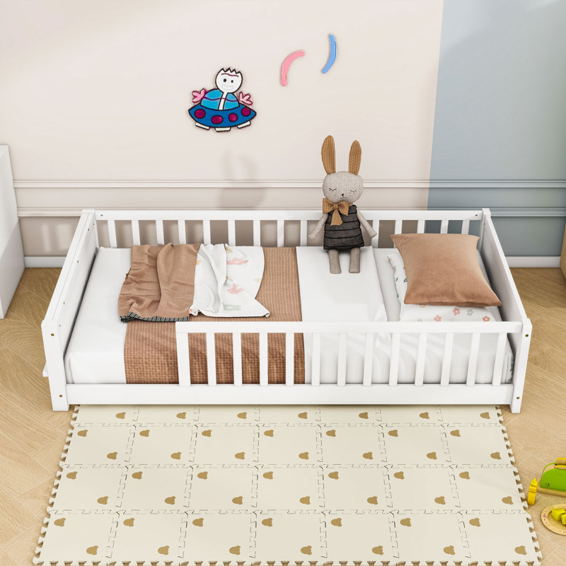 Twin Floor Platform Bed With Bookshelf And Guardrails, White