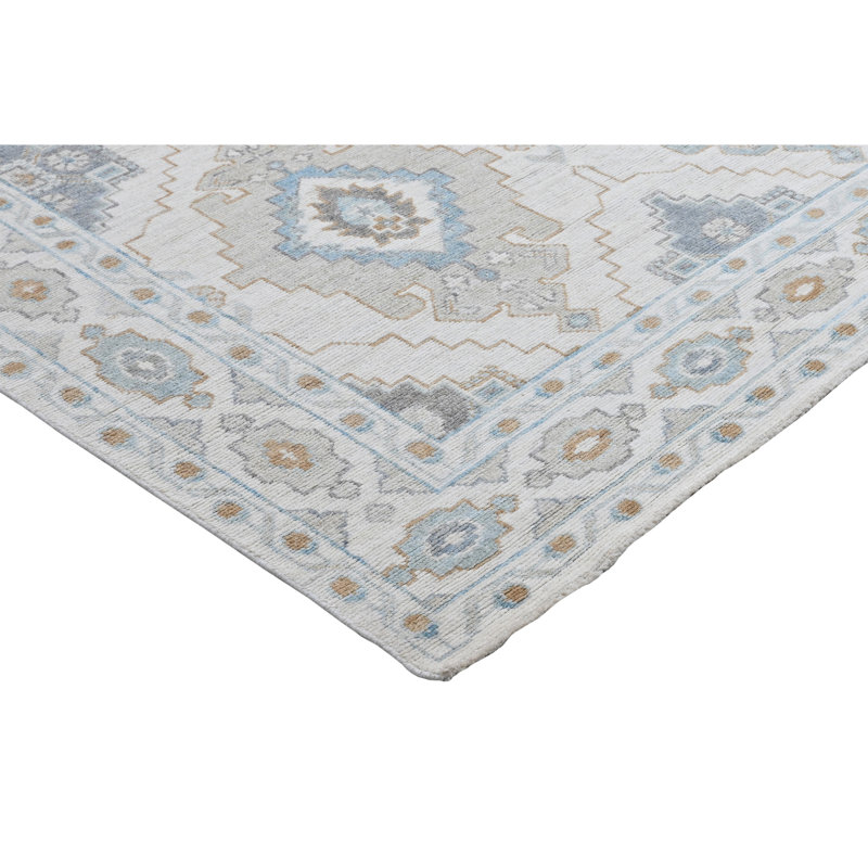 Hand Knotted Wool Southwestern Area Rug in Ivory/Gray/Blue