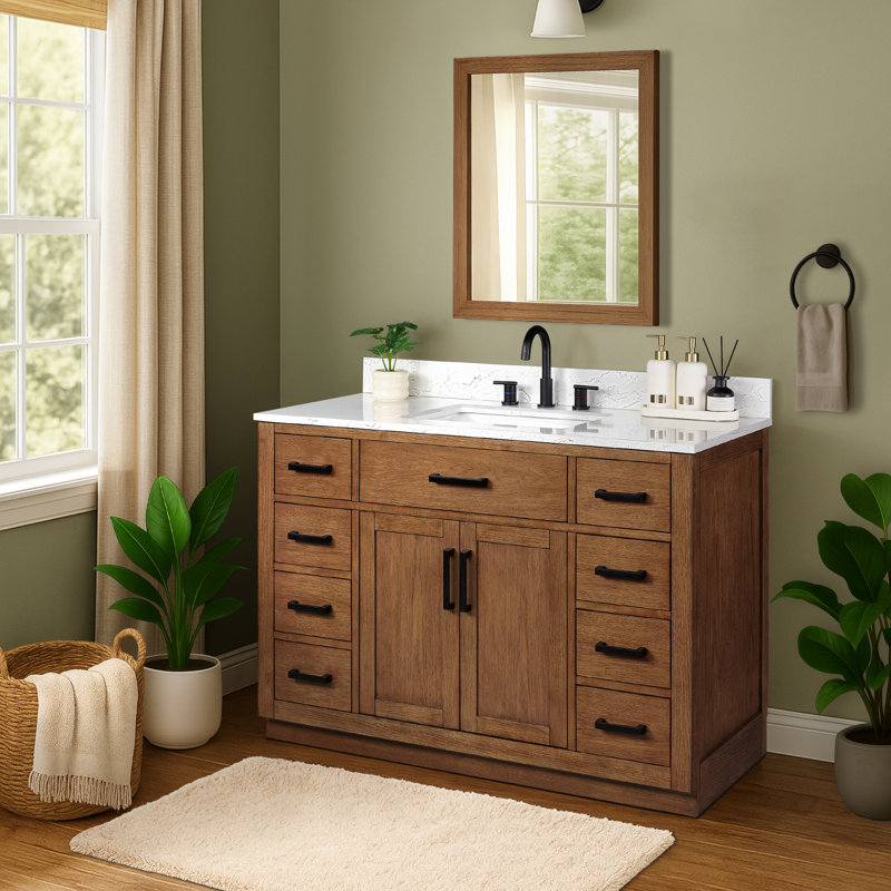 48'' Single Bathroom Vanity with Drawer, Shelf, Outlet, and Engineered Marble Top, Dark Brown Walnut, 48''