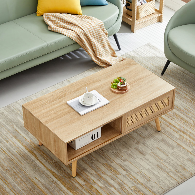 Table basse avec pieds en bois massif, 40,84 po, couleur naturelle pour table de décoration de salon, option de rangement pratique pour porte coulissante