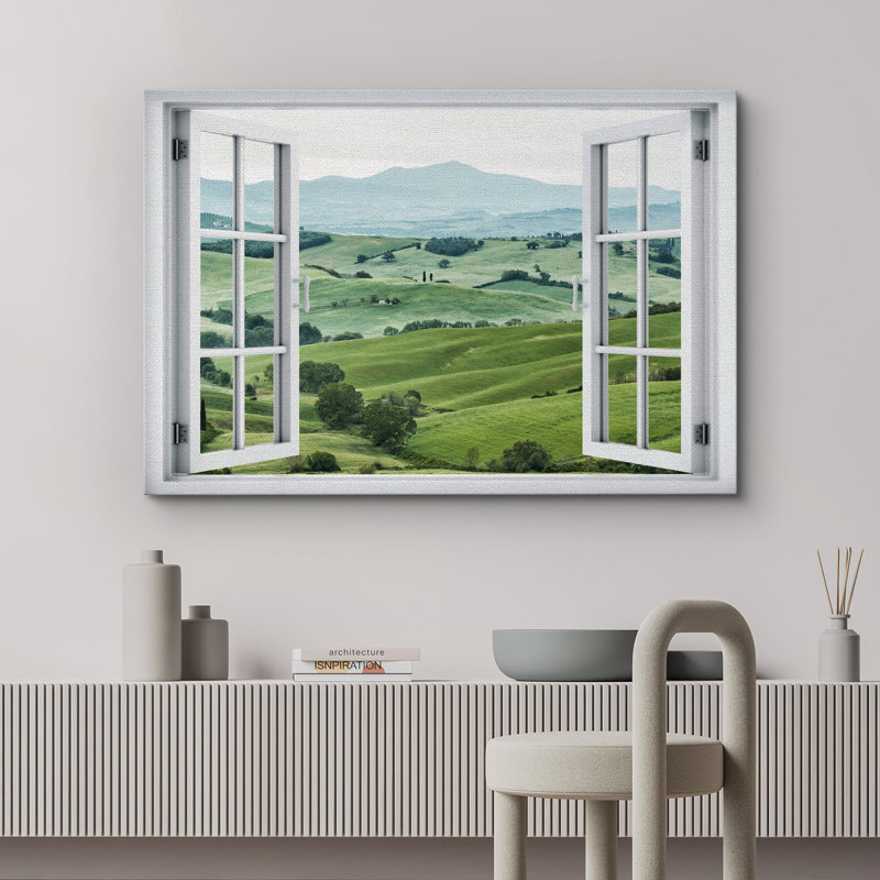 Fenêtre de paysage «Window View Emerald Green Rolling Hills Countryside Farmland Nature Images Decor Rustic Landscape» sur toile