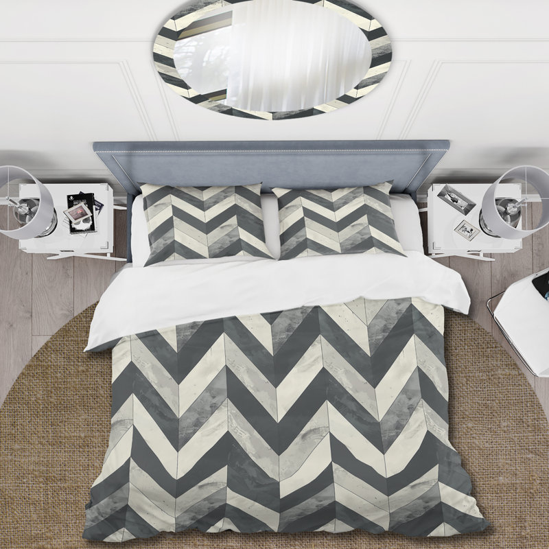 Ensemble de housse de couette blanche à chevrons I - Midcentury, Housse de couette très grand + 2 taies décorativ