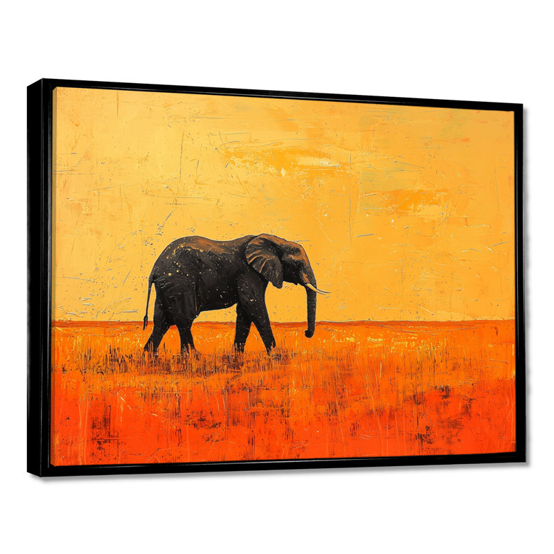 Coucher de soleil éléphant dans le désert doré II - éléphant, art mural, Noir, H 12 po x l 20 po, Picture Framed