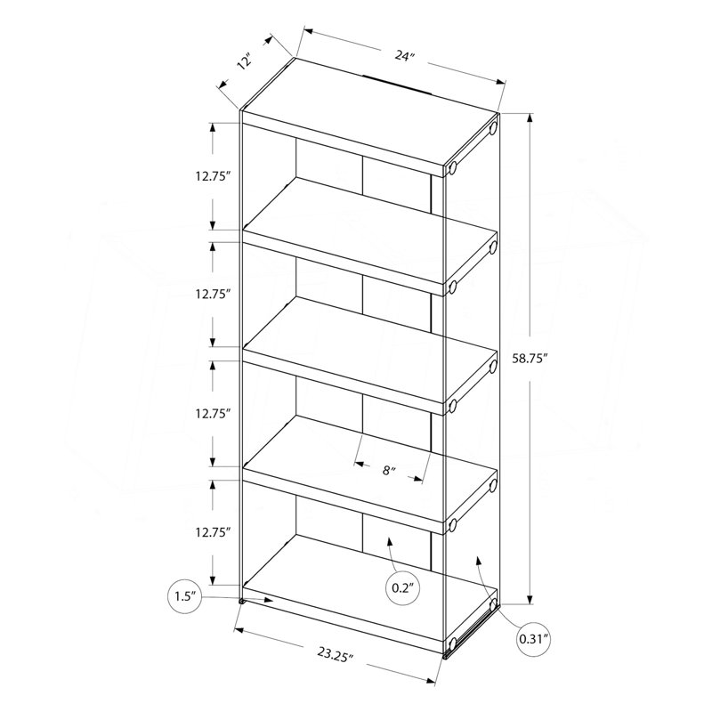 Bookcase, Bookshelf,Etagere, 5 Tier, 60"H, Office, Bedroom, Glossy White Laminate, Clear Tempered Glass, Contemporary, Modern