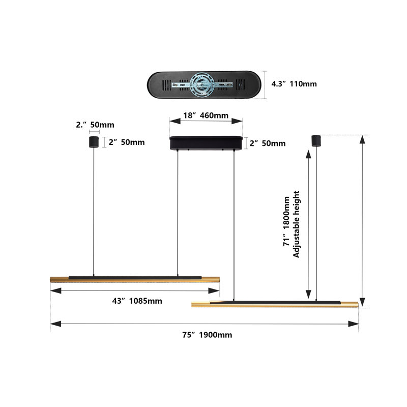 75" Modern Black and Gold LED Pendant Light - Adjustable Linear Chandelier for Dining Room, Kitchen Island & Living Room
