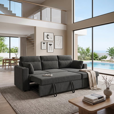 Canapé-lit modulaire convertible avec lit escamotable, méridienne de rangement et porte-gobelets
