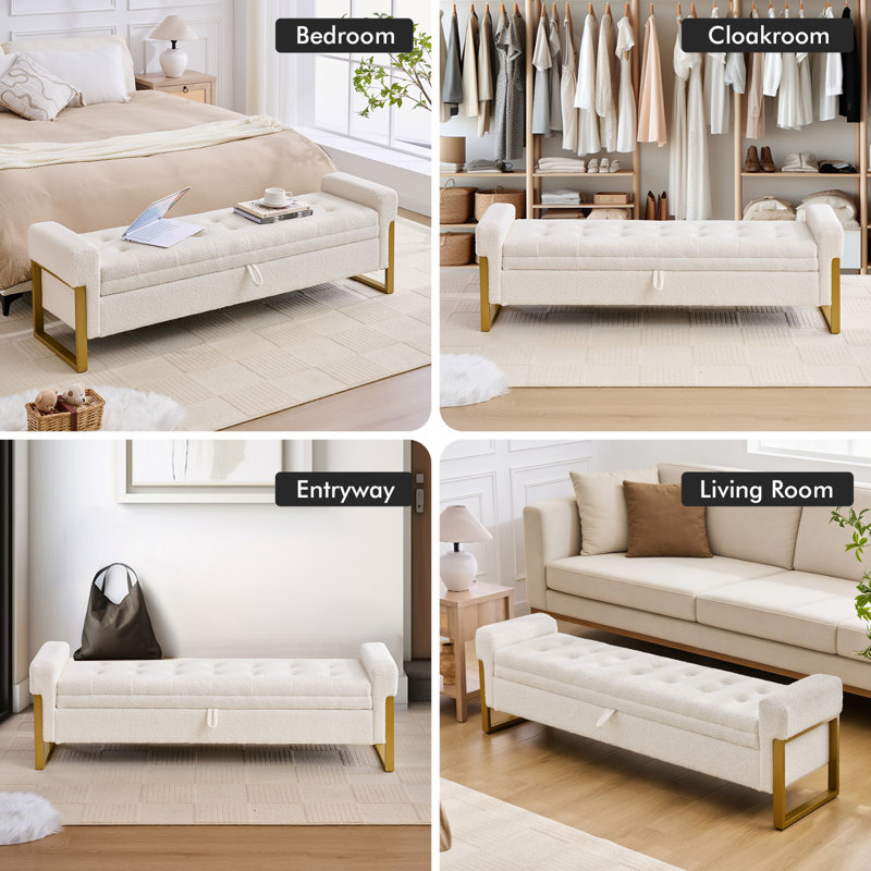 67'' W Modern Upholstered Velvet Storage Bench for Bedroom End of Bed with Gold Leg, White Teddy