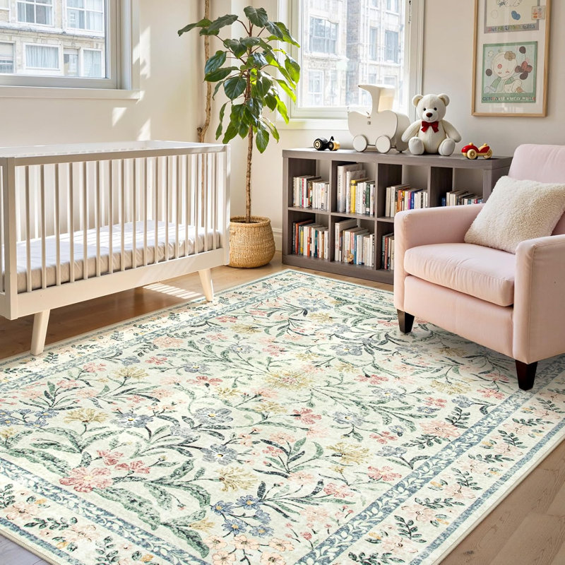 Kaldi Oriental Botanical Floral Machine Washable Area Rug with Non-Slip Backing for Living Room, Dining Room, Bedroom
