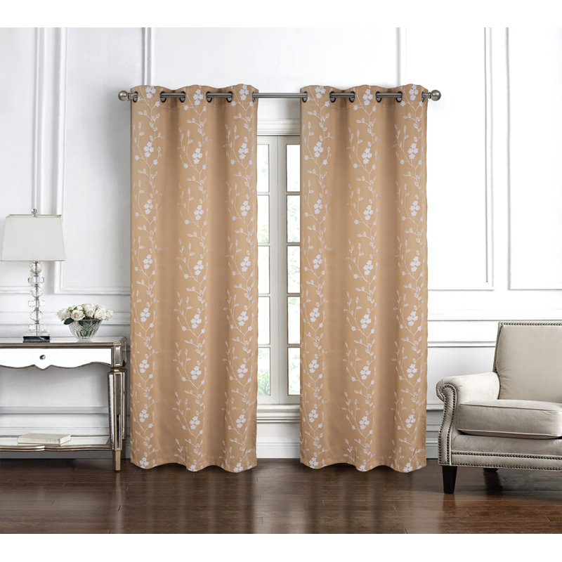Bonilla Flowers Embroidered Floral Privacy Window Curtain, Taupe, 54" W x 84" L