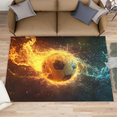 Fire & Water Football Area Rug, Abstract Sports Theme Washable Non-Slip Low Pile Carpet for Bedroom & Living Room