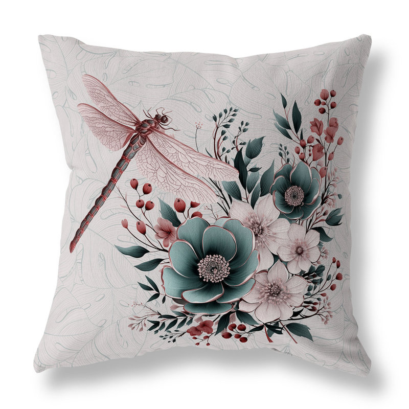 Coussin décoratif intérieur / extérieur Dragonfly Haven, H 16 po x l 16 po, Vert / rose