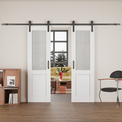 Frosted Glass and Manufactured Wood White Sliding Barn Door with Installation Hardware Kit(No Assembly Required)