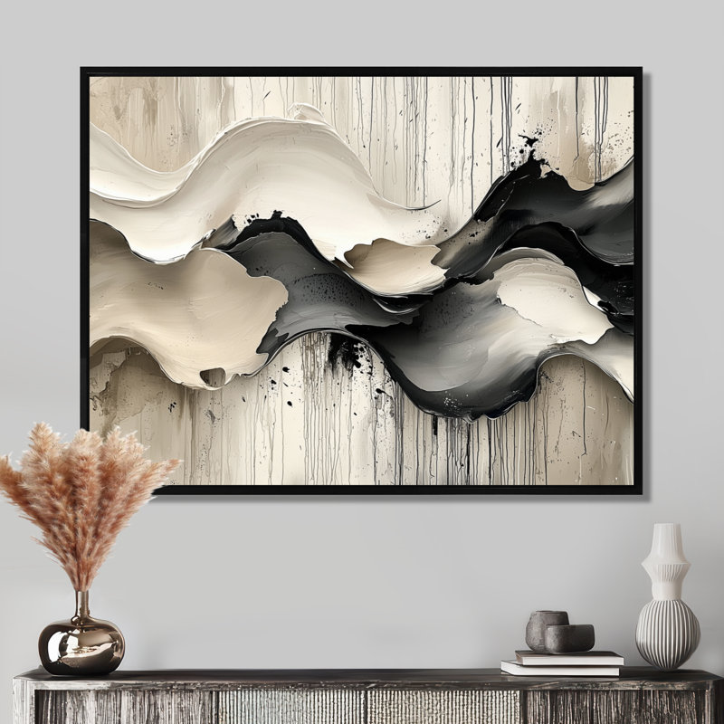 Gris sur fond blanc l'encre rythmique de la rivière Ink II - vagues modernes abstraites, H 12 po x l 20 po