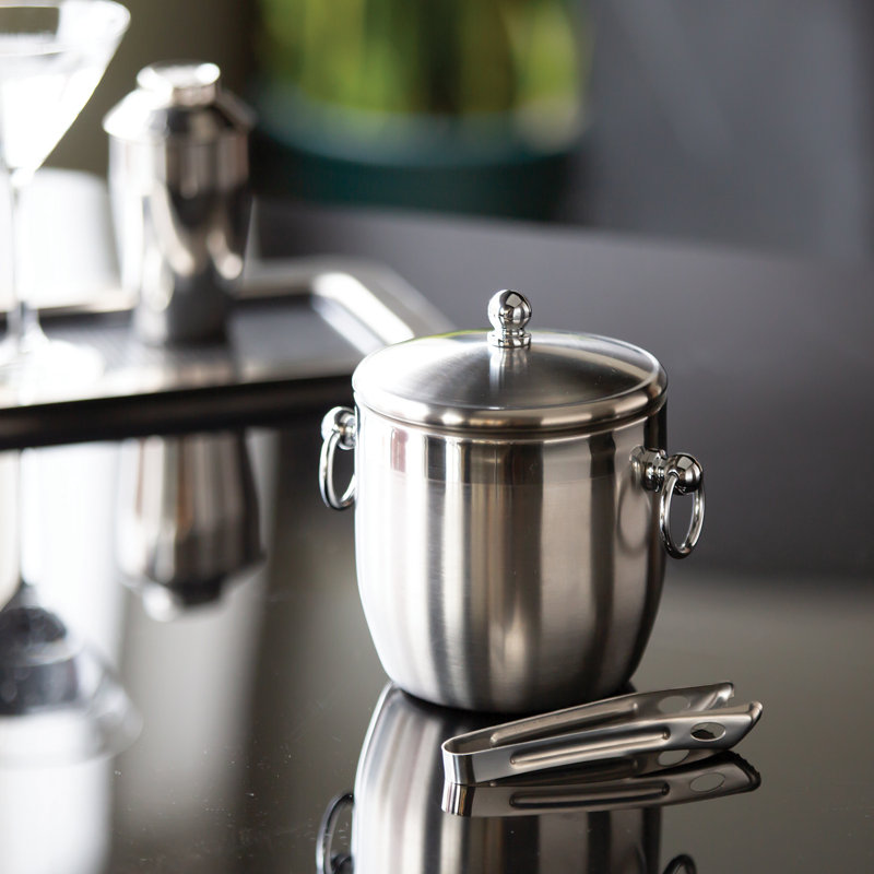 Double-Wall Brushed Stainless Steel Ice Bucket with Ring Handles