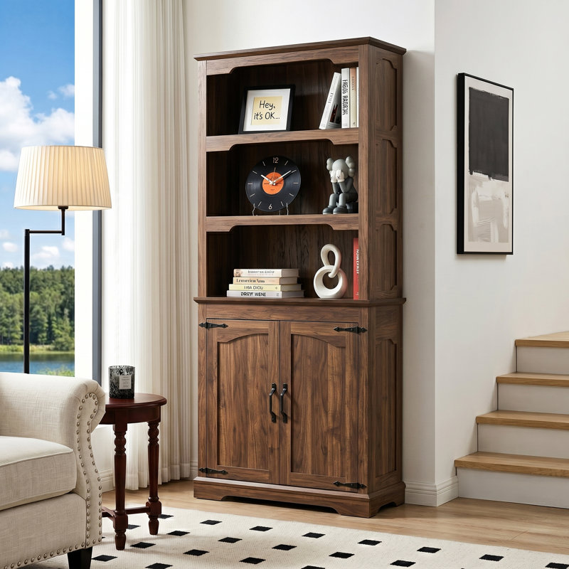 Bibliothèque standard H 70 "x l 31,5" avec portes en bois, Porte de bois, Noyer