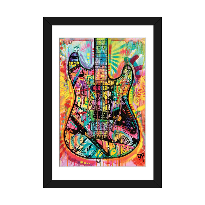 «Guitare», reproduction d'impression sur toile, H 24 po x l 16 po x P 1 po, Papier d'art encadré noir, Blanc