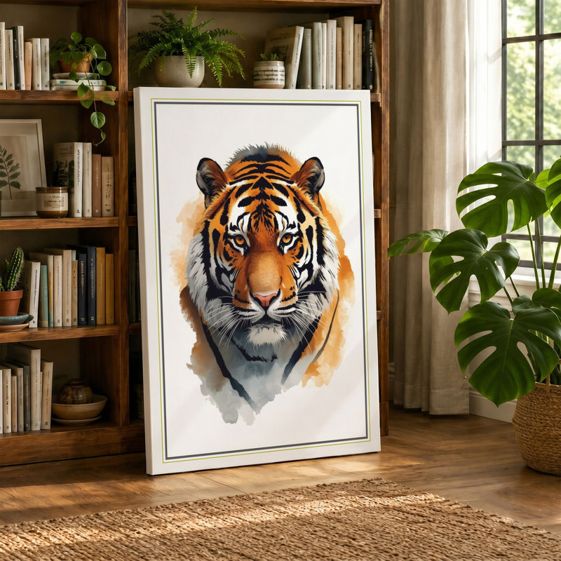 Tiger Face Forward Botanical - Wrapped Canvas, 18x12 - 45.7 x 30.5 cm, White Border