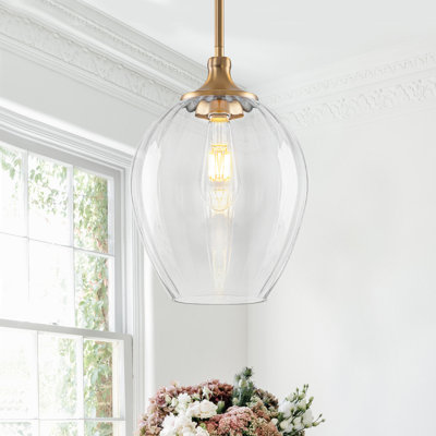 9" Natural Brass Pendant Light With Hand-Cut Clear Glass Shade Adjustable 59" Height For Kitchen Island Dining Room