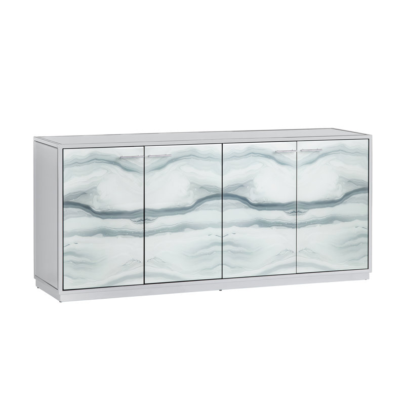72" White And Gray Marble Inspired Reverse Painted Glass 4-Door Media Credenza_Sideboard