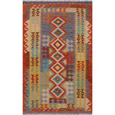 Madee Geometric Handmade Rectangle 3'5" x 6'6" Wool Area Rug in Red/Beige/Violet