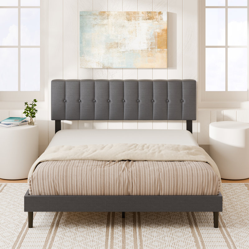 Upholstered Bed Frame with Adjustable Headboard, Queen