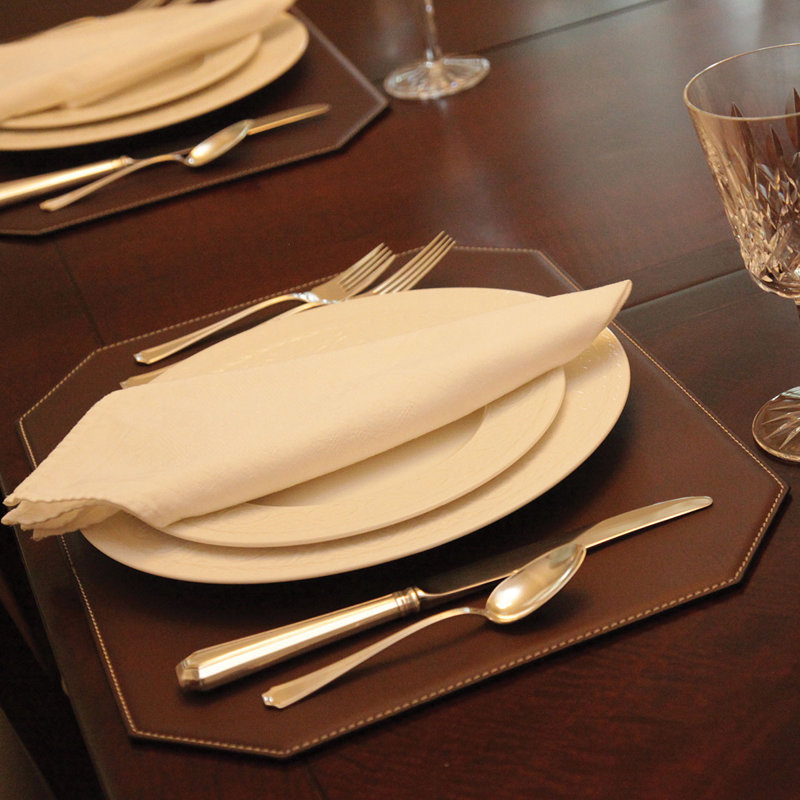 Brown Faux Leather Cut Corner Placemat with White Stitching