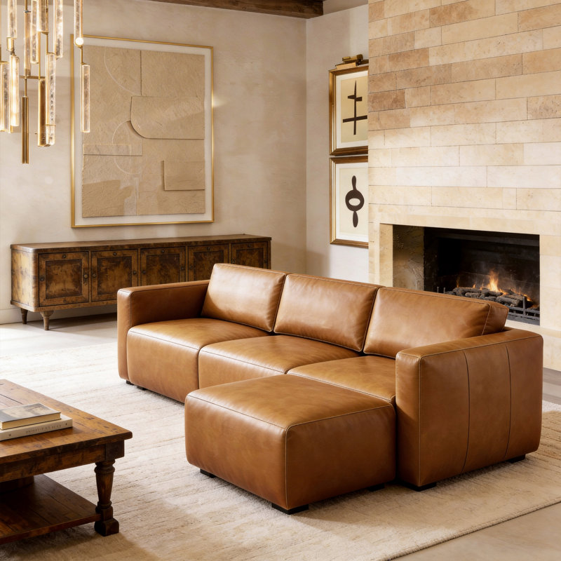 Beryl 90.74'' W 4-Piece Modern Modular Full Grain Leather Sofa And Ottoman Set, Brown