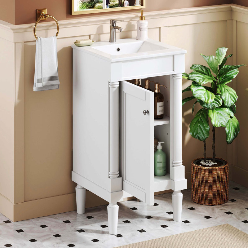 Armoire de salle de bain 18 po style français avec rangement et lavabo en céramique, solution pour petit espace, tablette réglable et charnières à fermeture douce