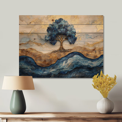 Aqua Infinite Golden Tree Of Life I - Décoration murale en bois arbre de vie - sur bois de pin naturel